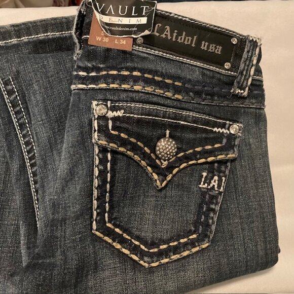 NWT‎ LA IDOL rhinestone button heavy stitching blue denim jeans - Picture 1 of 6